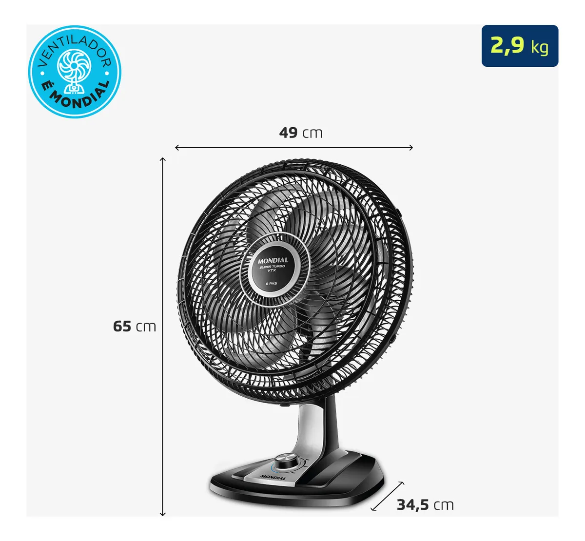 Ventilador Mondial VTX-40-8P - Dimensoes 49x65x34.5cm 2.9kg